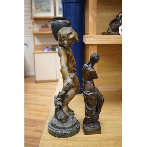 424 - After Auguste Moreau, a 19th century French bronzed spelter figure of an amorini carrying a water pi... 