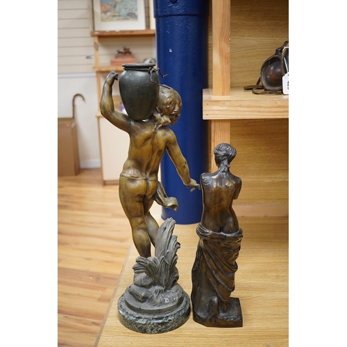 424 - After Auguste Moreau, a 19th century French bronzed spelter figure of an amorini carrying a water pi... 