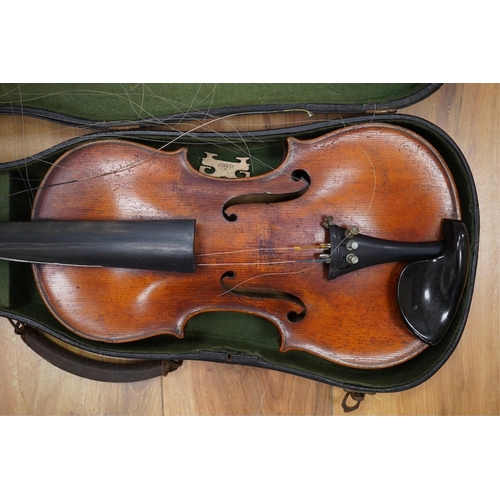 429 - A late 19th cased century French unmarked violin and bow, body 35cm high.