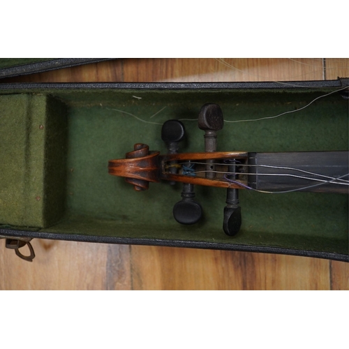 429 - A late 19th cased century French unmarked violin and bow, body 35cm high.