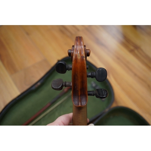 429 - A late 19th cased century French unmarked violin and bow, body 35cm high.