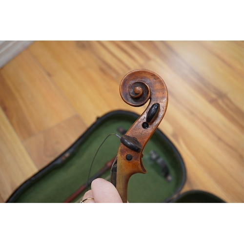 429 - A late 19th cased century French unmarked violin and bow, body 35cm high.