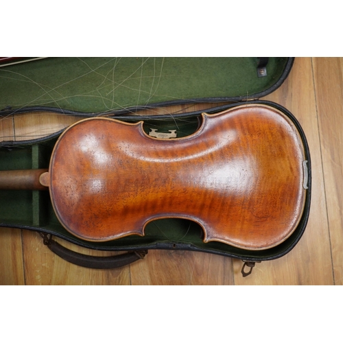 429 - A late 19th cased century French unmarked violin and bow, body 35cm high.