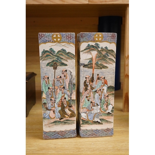 435 - A pair of Satsuma square section vases, Meiji period, 31cm high, 10cm wide. Condition - one vase has... 