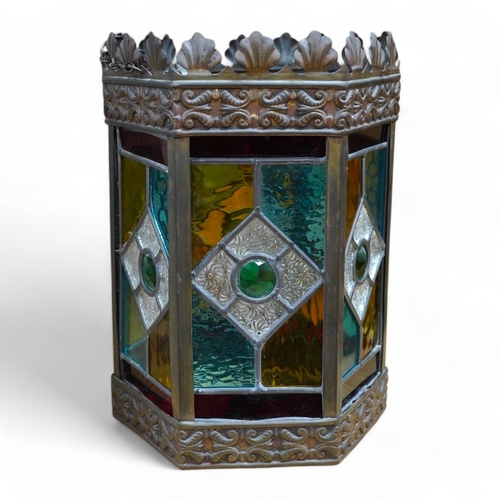 436 - A Victorian coloured stained glass and brass six sided lantern, 31cm high x width 22cm. Condition - ... 