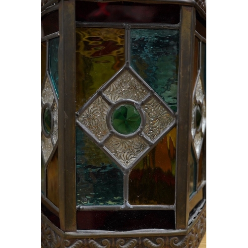 436 - A Victorian coloured stained glass and brass six sided lantern, 31cm high x width 22cm. Condition - ... 