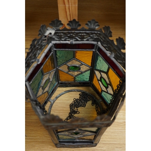 436 - A Victorian coloured stained glass and brass six sided lantern, 31cm high x width 22cm. Condition - ... 