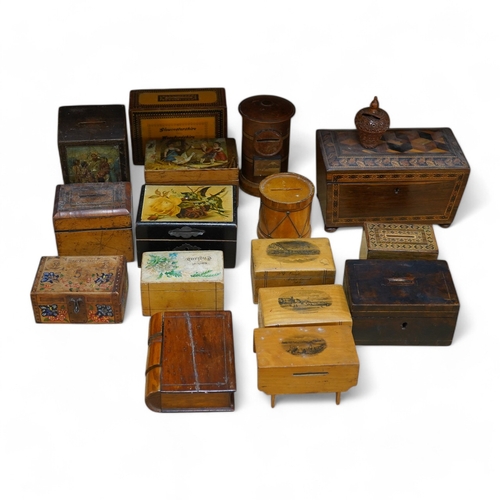 437 - A 19th century Tunbridgeware tea caddy, 20cm wide, 11cm high, a Coquilla nut miniature money box and... 