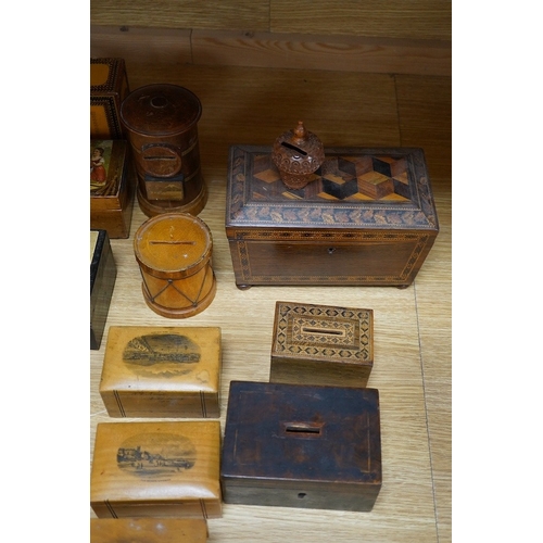 437 - A 19th century Tunbridgeware tea caddy, 20cm wide, 11cm high, a Coquilla nut miniature money box and... 