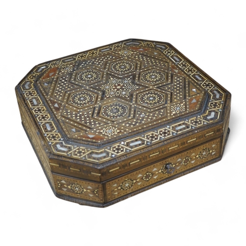 441 - A 20th century Damascus ware heavily inlaid box, 31cm x 31cm. Condition - ball foot missing, inlay g... 