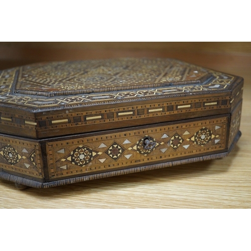 441 - A 20th century Damascus ware heavily inlaid box, 31cm x 31cm. Condition - ball foot missing, inlay g... 