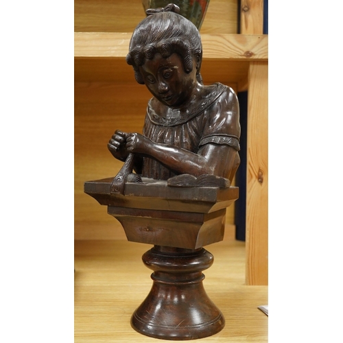 442 - A carved wood bust of a girl sewing, 47cm high. Condition - two old cracks to the back of carving... 