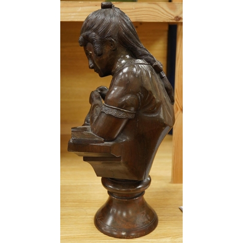 442 - A carved wood bust of a girl sewing, 47cm high. Condition - two old cracks to the back of carving... 