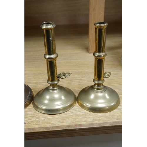 443 - Two pairs of candlesticks to include 18th century brass ejector examples, 37cm wide. Condition - goo... 