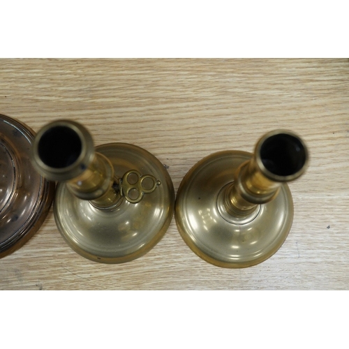 443 - Two pairs of candlesticks to include 18th century brass ejector examples, 37cm wide. Condition - goo... 