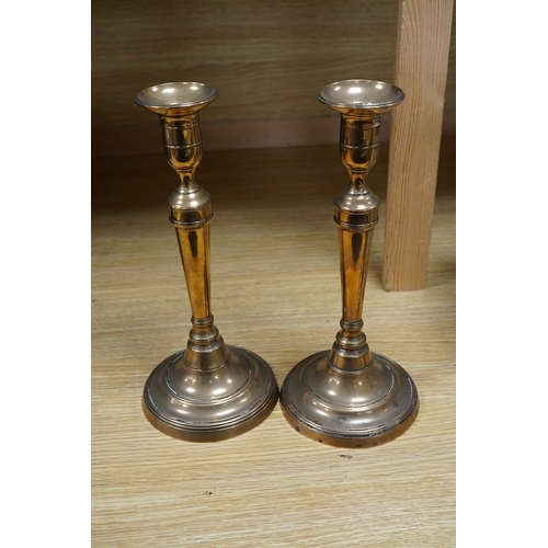 443 - Two pairs of candlesticks to include 18th century brass ejector examples, 37cm wide. Condition - goo... 