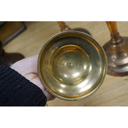 443 - Two pairs of candlesticks to include 18th century brass ejector examples, 37cm wide. Condition - goo... 