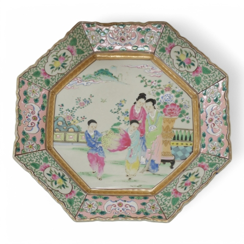 453 - A Japanese famille rose octagonal dish, late 19th century, 34.5cm wide. Condition - good