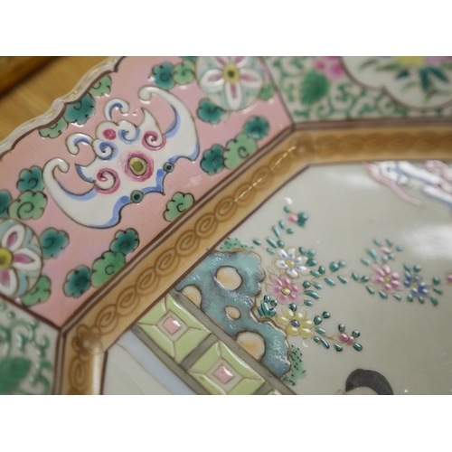 453 - A Japanese famille rose octagonal dish, late 19th century, 34.5cm wide. Condition - good