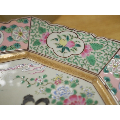 453 - A Japanese famille rose octagonal dish, late 19th century, 34.5cm wide. Condition - good