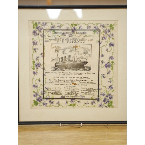 459 - SS Titanic interest, a memorial mourning crepe paper print, 33 x 33cm, framed. Condition - fair... 