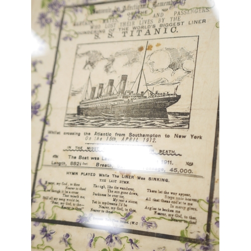 459 - SS Titanic interest, a memorial mourning crepe paper print, 33 x 33cm, framed. Condition - fair... 