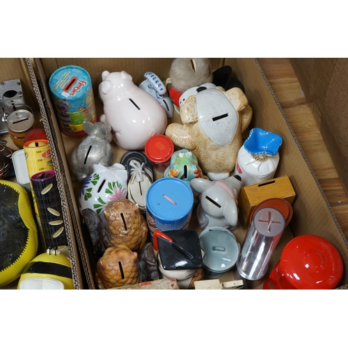 466 - Three boxes of mixed novelty pottery, plastic and metal and wooden money boxes, largest 26cm high. C... 