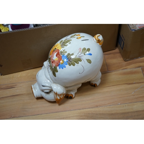 466 - Three boxes of mixed novelty pottery, plastic and metal and wooden money boxes, largest 26cm high. C... 