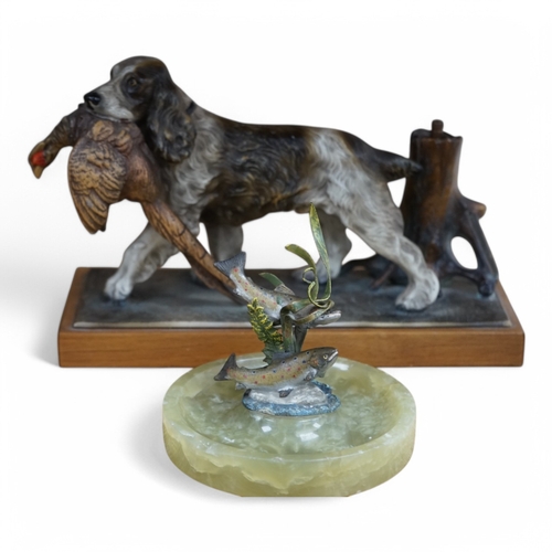 470 - A cold painted bronze and onyx rainbow trout ashtray and a painted spelter hunting dog table lig... 