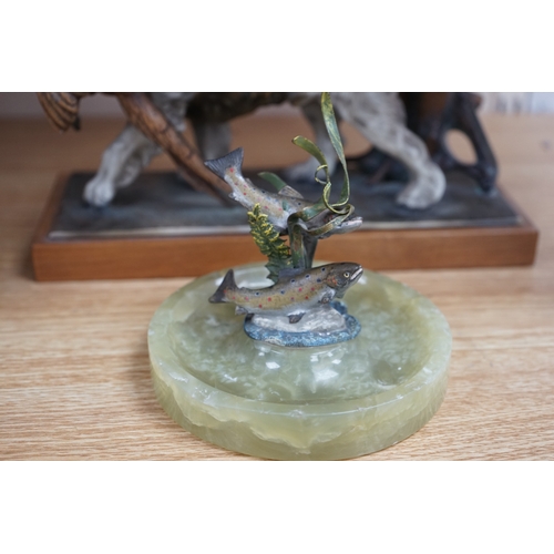 470 - A cold painted bronze and onyx rainbow trout ashtray and a painted spelter hunting dog table lig... 