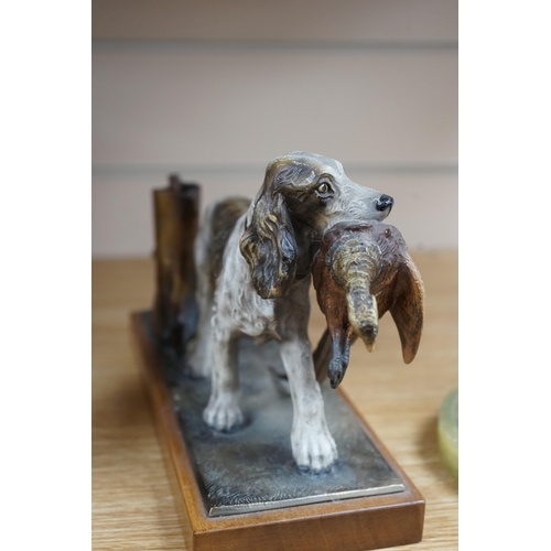 470 - A cold painted bronze and onyx rainbow trout ashtray and a painted spelter hunting dog table lig... 