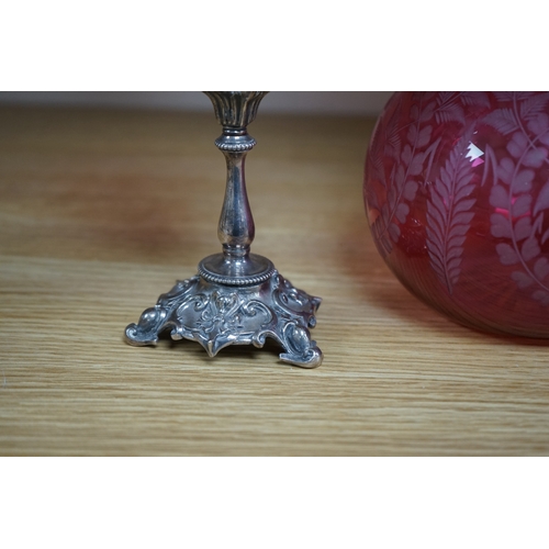 488 - A Victorian electroplate mounted cranberry glass claret jug and a similar goblet by Elkington & Co. ... 