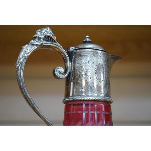 488 - A Victorian electroplate mounted cranberry glass claret jug and a similar goblet by Elkington & Co. ... 