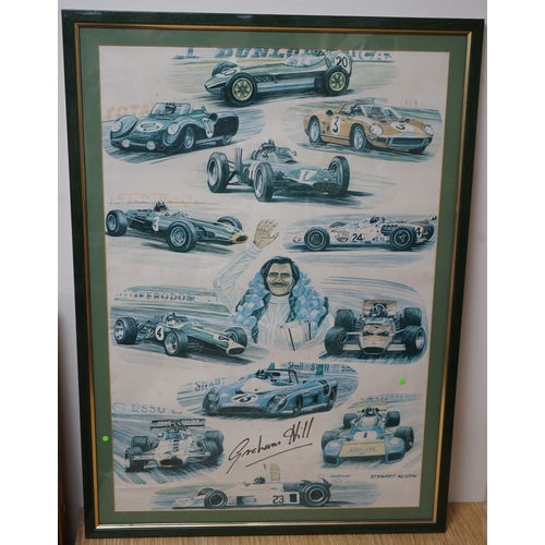 496 - Motor racing interest, Graham Hill montage colour print, signed, label verso, 65 x 43cm. Condition -... 