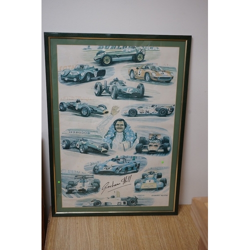 496 - Motor racing interest, Graham Hill montage colour print, signed, label verso, 65 x 43cm. Condition -... 