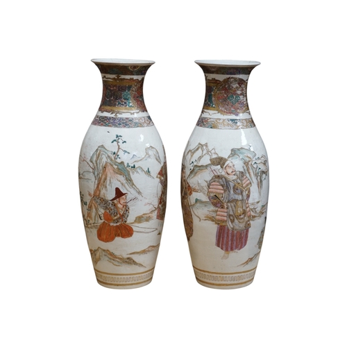 498 - A pair of Japanese Satsuma samurai vases, Meiji period, 40cm. Condition - poor to fair