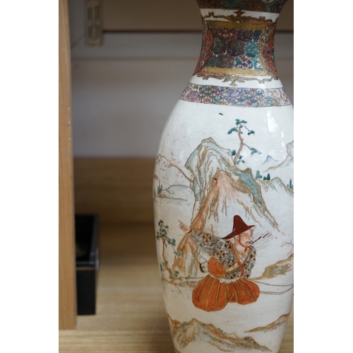 498 - A pair of Japanese Satsuma samurai vases, Meiji period, 40cm. Condition - poor to fair