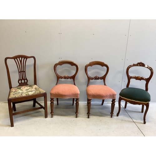 51 - A pair of Victorian mahogany dining chairs, on fluted legs, another on cabriole legs and a Chippenda... 