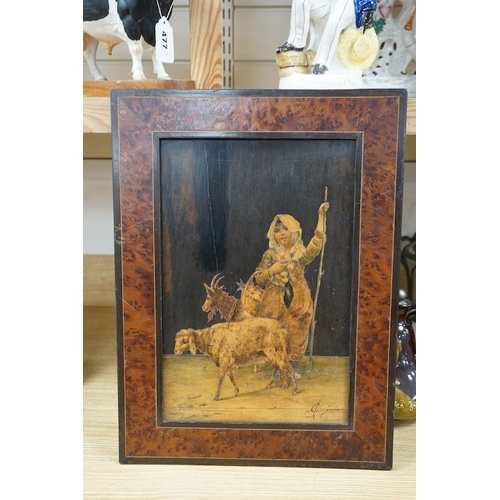 513 - An Italian burr walnut framed, parquetry panel of a girl carrying a basket of fruit surrounded by a ... 