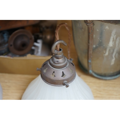 516 - A copper hall lantern, other lighting and an Art Nouveau copper door plate. Condition - varies... 