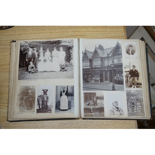 522 - A late Victorian photograph album; 1890's onwards, assorted portraits, topography including Sussex, ... 