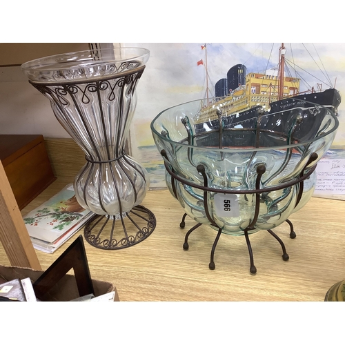 523 - A glass vase and a similar bowl with wrought iron stand, vase 38cm high. Condition - good