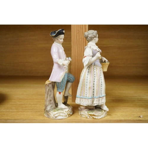 526 - A pair of Meissen style porcelain figures of flower sellers, largest 20.5cm high. Condition - fair, ... 