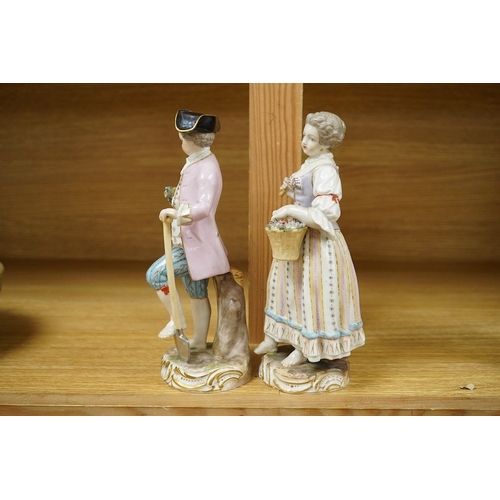 526 - A pair of Meissen style porcelain figures of flower sellers, largest 20.5cm high. Condition - fair, ... 