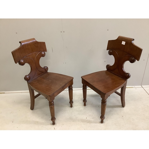 53 - A pair of Victorian mahogany hall chairs, width 44cm, depth 40cm, height 88cm. Condition - fair... 