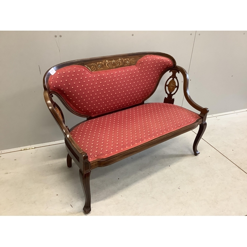 55 - A late Victorian marquetry inlaid mahogany salon sofa, width 117cm, depth 46cm, height 79cm. Conditi... 