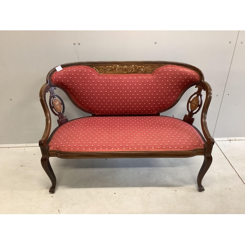 55 - A late Victorian marquetry inlaid mahogany salon sofa, width 117cm, depth 46cm, height 79cm. Conditi... 