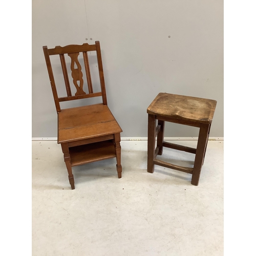 56 - A late Victorian walnut metamorphic library chair together with a provincial fruitwood stool, Condit... 