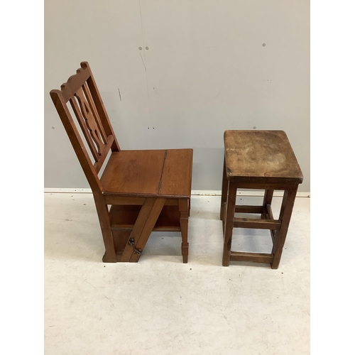 56 - A late Victorian walnut metamorphic library chair together with a provincial fruitwood stool, Condit... 