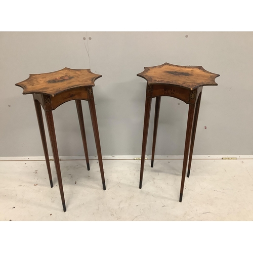 58 - A pair of Sheraton Provincial painted pine stands, with shaped rectangular tops, width 40cm, depth 3... 